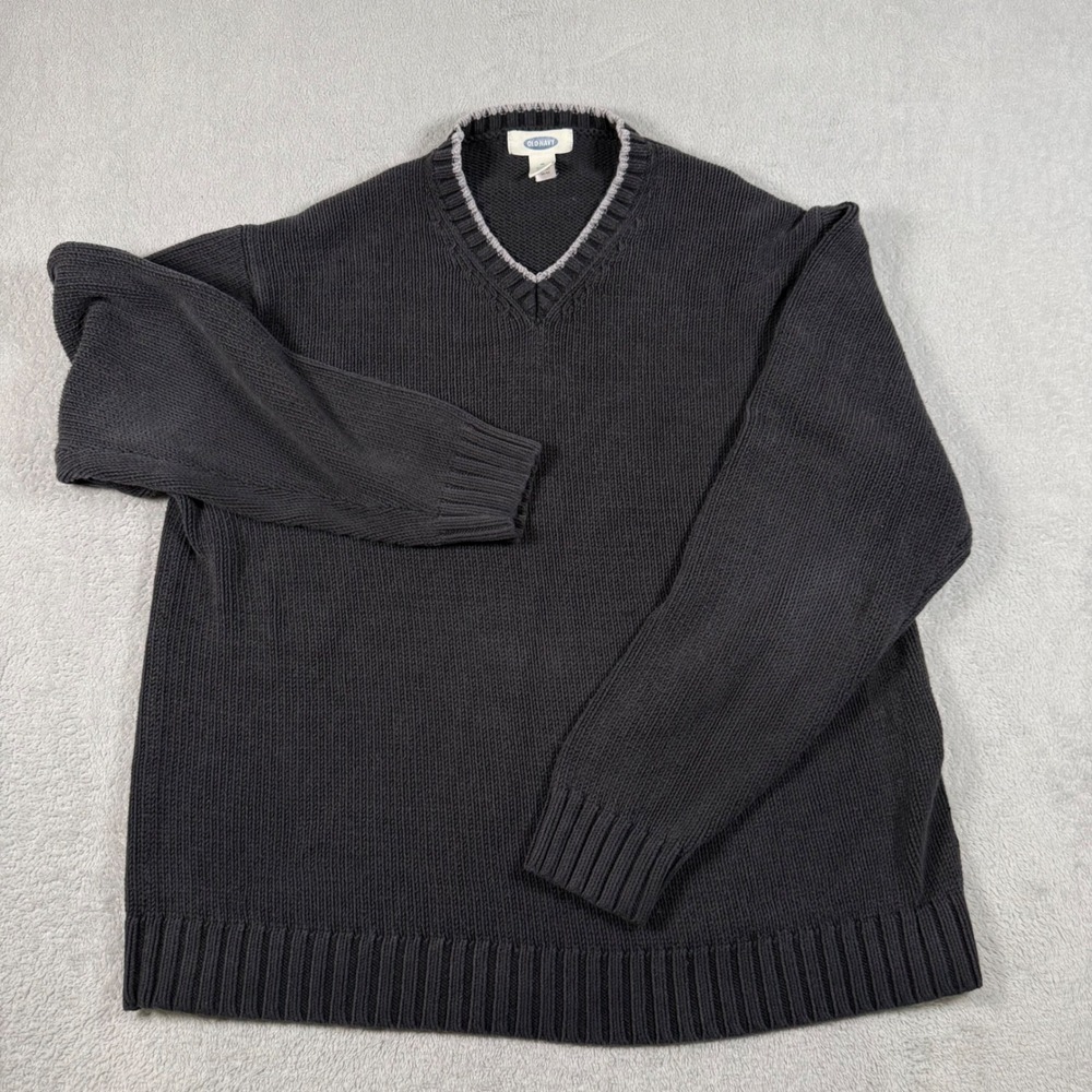 Old Navy Vintage Y2K 2002 Black Rib Knit V-Neck Sweater Contrast Collar XL